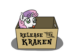 Size: 1280x960 | Tagged: safe, artist:flutterluv, sweetie belle, pony, unicorn, g4, behaving like a cat, box, cute, diasweetes, female, filly, ponified animal photo, pony in a box, simple background, smiling, solo, tongue out, white background