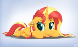 Size: 3978x2385 | Tagged: safe, artist:arcane-thunder, sunset shimmer, pony, unicorn, g4, :p, cheek fluff, cute, ear fluff, female, floppy ears, gradient background, high res, mare, prone, shimmerbetes, solo, tongue out