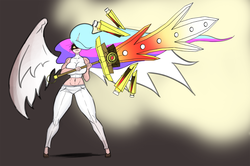 Size: 1907x1264 | Tagged: safe, artist:franschesco, princess celestia, human, g4, angry, big breasts, breasts, busty princess celestia, horn, horned humanization, huge breasts, humanized, sword, weapon, winged humanization, wings, yandelestia, yandere