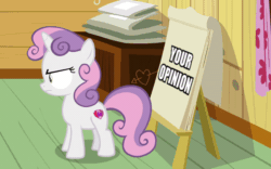 Size: 800x500 | Tagged: safe, edit, edited screencap, screencap, sweetie belle, pony, unicorn, g4, growing up is hard to do, animated, bucking, cutie mark, female, filly, kicking, reaction image, solo, text, the cmc's cutie marks, your opinion