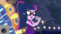 Size: 822x462 | Tagged: safe, screencap, sci-twi, twilight sparkle, equestria girls, equestria girls series, g4, spring breakdown, spoiler:eqg series (season 2), adorasexy, all good (song), animated, beautiful, cute, female, gif, glasses, microphone, microphone stand, pointing, ponytail, sci-twiabetes, sexy, singing, sleeveless, solo, twiabetes