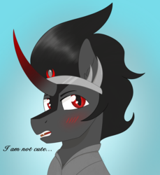 Size: 2119x2318 | Tagged: safe, artist:dyonys, derpibooru exclusive, king sombra, pony, g4, blatant lies, blushing, bust, curved horn, cute, high res, horn, i'm not cute, male, open mouth, portrait, solo, sombradorable, stallion, text, tsundere