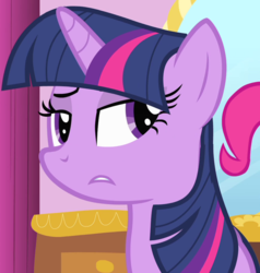 Size: 872x917 | Tagged: safe, screencap, pinkie pie, twilight sparkle, pony, unicorn, g4, green isn't your color, aside glance, carousel boutique, cropped, d:, disgusted, female, glare, looking sideways, mare, mouth on side of face, offscreen character, open mouth, raised eyebrow, reaction image, solo focus, unamused, unicorn twilight