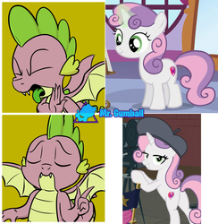 Size: 1353x1385 | Tagged: safe, artist:pony-berserker edits, edit, edited screencap, editor:mr. gumball, screencap, spike, sweetie belle, dragon, pony, unicorn, g4, growing up is hard to do, butt, cutie mark, drake, female, filly, foal, hotline bling, male, mare, meme, older, older sweetie belle, plot, ponified meme, ship:spikebelle, shipping, straight, the cmc's cutie marks, tongue out, winged spike, wings