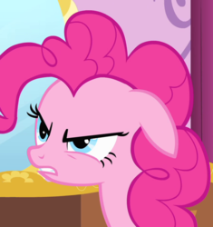 Size: 745x791 | Tagged: safe, screencap, pinkie pie, earth pony, pony, g4, green isn't your color, season 1, angry, carousel boutique, cropped, ears back, female, forever, frown, glare, gritted teeth, mare, narrowed eyes, reaction image, solo, teeth