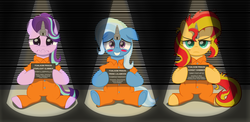Size: 2556x1250 | Tagged: safe, artist:spellboundcanvas, starlight glimmer, sunset shimmer, trixie, pony, unicorn, g4, about to cry, clothes, embarrassed, horn, horn cap, magic suppression, magical trio, mugshot, prison, prison outfit, prisoner, prisoner sg, prisoner tx, sad, spotlight, sunset shimmer is not amused, unamused