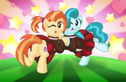 Size: 1111x719 | Tagged: safe, artist:aleximusprime, lighthoof, shimmy shake, earth pony, pony, 2 4 6 greaaat, g4, butt, cheerleader, cheerleader outfit, clothes, cute, duo, duo female, female, flank, friends, heart, looking at you, mare, one eye closed, plot, skirt, stars, sunburst background, technically an upskirt shot, underhoof, uniform, upskirt, wink