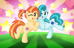 Size: 1111x719 | Tagged: safe, artist:aleximusprime, lighthoof, shimmy shake, pony, 2 4 6 greaaat, g4, butt, cheerleader, clothes, cute, cutie mark, duo, duo female, female, flank, friends, looking at you, no clothes, one eye closed, plot, unclothed, underhoof, uniform, wink