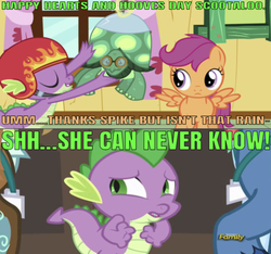 Size: 640x599 | Tagged: safe, edit, edited screencap, editor:undeadponysoldier, screencap, scootaloo, spike, tank, dragon, pegasus, pony, tortoise, g4, just for sidekicks, princess spike, caption, discovery family logo, female, filly, hearts and hooves day, helmet, image macro, implied rainbow dash, male, present, secret, shhh, ship:scootaspike, shipping, spread wings, straight, text, thief, wings