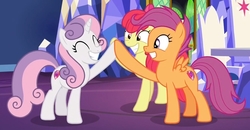 Size: 1332x692 | Tagged: safe, screencap, apple bloom, scootaloo, sweetie belle, g4, growing up is hard to do, cutie mark, cutie mark crusaders, hoofbump, older, older apple bloom, older cmc, older scootaloo, older sweetie belle, the cmc's cutie marks, twilight's castle