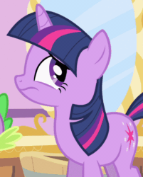 Size: 542x675 | Tagged: safe, screencap, spike, twilight sparkle, pony, unicorn, g4, green isn't your color, animated, carousel boutique, cropped, eyeroll, female, gif, mare, offscreen character, reaction image, solo focus, unamused, unicorn twilight
