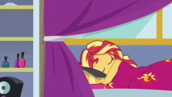 Size: 1280x720 | Tagged: safe, edit, edited screencap, screencap, sunset shimmer, equestria girls, g4, my little pony equestria girls: better together, wake up!, blanket, casual nudity, female, nudity, sleeping, sleeping in the nude, solo