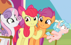 Size: 1100x700 | Tagged: safe, artist:wissle, edit, screencap, apple bloom, cozy glow, scootaloo, sweetie belle, earth pony, pegasus, pony, unicorn, g4, growing up is hard to do, cozybuse, female, filly, mare, older, older apple bloom, older cmc, older scootaloo, older sweetie belle