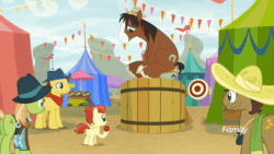 Size: 800x450 | Tagged: safe, screencap, bandana baldwin, beuford, high stakes, skyquake, trouble shoes, yuma spurs, earth pony, pegasus, pony, g4, growing up is hard to do, season 9, animated, appleloosa resident, ball, clothes, colt, cowboy hat, discovery family, discovery family logo, dunk, dunk tank, dunking, female, gif, group, hat, laughing, logo, male, mare, quintet, spread wings, stallion, water, wings