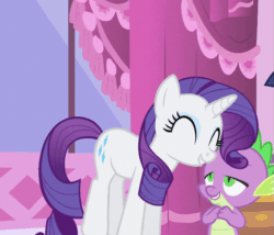 Size: 789x675 | Tagged: safe, screencap, rarity, spike, twilight sparkle, dragon, pony, unicorn, g4, green isn't your color, animated, carousel boutique, cropped, cute, excited, female, gif, happy, jumping, loop, male, mare, offscreen character, pronking, raribetes, unicorn twilight