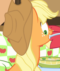 Size: 914x1080 | Tagged: safe, screencap, applejack, big macintosh, g4, growing up is hard to do, cropped, food, mouth hold, solo focus, soup, spoon