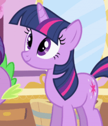 Size: 454x528 | Tagged: safe, screencap, rarity, spike, twilight sparkle, pony, unicorn, green isn't your color, animated, carousel boutique, cropped, female, gif, loop, mare, nodding, offscreen character, smiling, solo focus, unicorn twilight