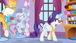 Size: 1600x900 | Tagged: safe, screencap, rarity, sweetie belle, pony, g4, growing up is hard to do, boutique, bowtie, clothes, curtains, fabric, glasses, hat, levitation, magic, mannequin, measuring tape, pincushion, rarity's glasses, rolls, sad, spool, suit, telekinesis, top hat, window