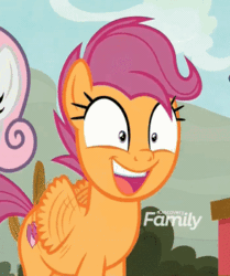 Size: 294x351 | Tagged: safe, screencap, biscuit, scootaloo, spur, sweetie belle, pegasus, pony, g4, growing up is hard to do, animated, cropped, cute, cutealoo, discovery family logo, excited, fluttering, grin, irrational exuberance, motion lines, older, older scootaloo, older sweetie belle, smiling, the cmc's cutie marks
