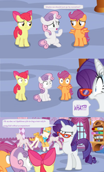 Size: 1600x2642 | Tagged: safe, edit, edited screencap, screencap, apple bloom, scootaloo, sweetie belle, pony, g4, growing up is hard to do, boutique, clothes, comic, curtains, cutie mark crusaders, dialogue, fabric, glasses, hat, mannequin, rolls, screencap comic, shocked, speech bubble, suit, top hat, unamused, window, yarn