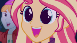 Size: 600x338 | Tagged: safe, edit, edited screencap, screencap, fry lilac, sunset shimmer, equestria girls, equestria girls series, g4, sunset's backstage pass!, spoiler:eqg series (season 2), backstage pass, beautiful, close-up, cute, eye reflection, happy, reflection, shimmerbetes, smiling, template, wide eyes