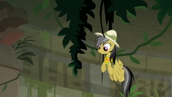 Size: 1920x1080 | Tagged: safe, screencap, daring do, pegasus, pony, daring doubt, g4, clothes, female, flying, hat, mare, pith helmet, shirt, solo