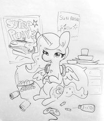 Size: 1320x1535 | Tagged: safe, artist:tjpones, princess luna, alicorn, pony, gamer luna, g4, black and white, chips, controller, female, food, grayscale, headphones, hoof hold, monochrome, pencil drawing, solo, traditional art