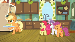 Size: 1600x900 | Tagged: safe, screencap, apple bloom, applejack, scootaloo, sweetie belle, g4, growing up is hard to do, bowl, cabinet, complaining, cup, curtains, cutie mark crusaders, faic, food, jar, kitchen, plate, sad, sink, soup, stove, window