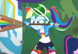 Size: 1222x855 | Tagged: safe, screencap, rainbow dash, sci-twi, twilight sparkle, equestria girls, equestria girls specials, g4, my little pony equestria girls: better together, my little pony equestria girls: sunset's backstage pass, clothes, cute, dashabetes, female, jacket, outdoors, paddle, rainbow dash's paddle, rv, shorts, sunset's paddling, visor