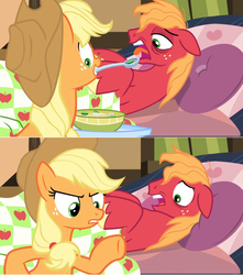 Size: 1600x1806 | Tagged: safe, edit, edited screencap, screencap, applejack, g4, growing up is hard to do, blanket, comic, couch, cushion, feeding, food, open mouth, plate, sad, screencap comic, sick, soup, spoon