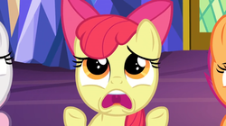 Size: 1600x898 | Tagged: safe, screencap, apple bloom, scootaloo, sweetie belle, earth pony, pony, g4, growing up is hard to do, adorabloom, cute, cutie mark crusaders, frown, looking up, sad, twilight's castle, weapons-grade cute