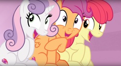 Size: 2880x1576 | Tagged: safe, screencap, apple bloom, scootaloo, sweetie belle, earth pony, pegasus, pony, unicorn, g4, growing up is hard to do, adorabloom, adult, cute, cutealoo, cutie mark, cutie mark crusaders, diasweetes, female, mare, older, older apple bloom, older cmc, older scootaloo, older sweetie belle, open mouth, raised hoof, sitting, smiling, the cmc's cutie marks