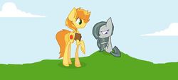 Size: 1024x462 | Tagged: safe, artist:iridescence99, braeburn, marble pie, pony, g4, a happy ending for marble pie, braeble, crack shipping, female, hello, male, outdoors, shipping, shy, straight