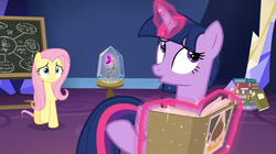 Size: 1598x898 | Tagged: safe, screencap, fluttershy, twilight sparkle, alicorn, pony, g4, growing up is hard to do, book, chalkboard, duo, flower, glass case, levitation, magic, stack, table, telekinesis, twilight sparkle (alicorn), twilight's castle, wishing flower