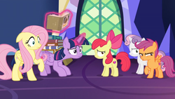 Size: 1600x900 | Tagged: safe, screencap, apple bloom, fluttershy, scootaloo, sweetie belle, twilight sparkle, alicorn, pony, g4, growing up is hard to do, book, cutie mark crusaders, door, levitation, magic, stack, telekinesis, twilight sparkle (alicorn), twilight's castle, upset