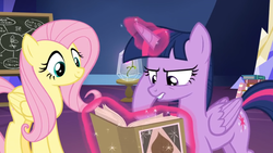Size: 1600x900 | Tagged: safe, screencap, fluttershy, twilight sparkle, alicorn, pony, g4, growing up is hard to do, book, chalkboard, duo, flower, glass case, magic, stack, telekinesis, thinking, twilight sparkle (alicorn), twilight's castle, wishing flower