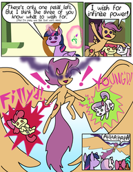 Size: 2550x3300 | Tagged: safe, artist:oneovertwo, apple bloom, scootaloo, spur, sweetie belle, twilight sparkle, alicorn, earth pony, pegasus, pony, unicorn, g4, growing up is hard to do, age regression, alicornified, bad end, comic, exclamation point, flower, happy ending, high res, impossibly large wings, large wings, laughing, magic, race swap, rational fic bait, scootacorn, scootaloo can fly, this will end in conquest, twilight sparkle (alicorn), wings, wishing flower, xk-class end-of-the-world scenario