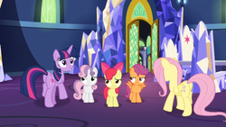 Size: 1600x900 | Tagged: safe, screencap, apple bloom, fluttershy, scootaloo, sweetie belle, twilight sparkle, alicorn, pony, g4, growing up is hard to do, butt, cutie mark crusaders, door, frown, plot, sad, throne room, twilight sparkle (alicorn), twilight's castle, unamused, upset
