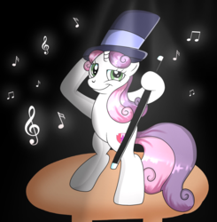 Size: 2048x2090 | Tagged: safe, artist:doraeartdreams-aspy, sweetie belle, earth pony, pony, g4, growing up is hard to do, being big is all it takes, bipedal, cane, dancing, female, happy, hat, high res, smiling, solo, spotlight, tap dancing, top hat