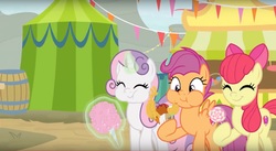 Size: 2880x1574 | Tagged: safe, screencap, apple bloom, scootaloo, sweetie belle, pony, g4, growing up is hard to do, aweeg*, candy, caramel apple (food), carrot, carrot dog, chewing, cotton candy, cropped, cute, cutie mark, cutie mark crusaders, deep fried, eating, eyes closed, food, glowing horn, herbivore, hoof hold, horn, levitation, lollipop, magic, older, older apple bloom, older cmc, older scootaloo, older sweetie belle, puffy cheeks, smiling, snacks, telekinesis, the cmc's cutie marks, trio