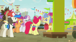 Size: 800x450 | Tagged: safe, screencap, apple bloom, fortune favors, fruit pack, globe trotter, happy khaki, prairie belle, ruby splash, scootaloo, sweetie belle, trail blazer, winter wisp, earth pony, pegasus, pony, g4, growing up is hard to do, animated, background pony, bell, carrying, cheering, crowd surfing, cutie mark, excited, eyes closed, fairground, game, gif, hammer, happy, high striker, lift up, older, older apple bloom, older cmc, older scootaloo, older sweetie belle, running, stand, swing, the cmc's cutie marks
