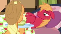 Size: 800x450 | Tagged: safe, screencap, applejack, big macintosh, earth pony, pony, g4, growing up is hard to do, animated, bed, bowl, dropped, food, freckles, gif, hat, looking at someone, looking at something, male, open mouth, pillow, pouting, sick, soup, spoon, stallion, tongue out, tray
