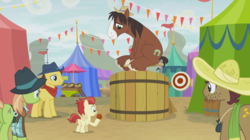 Size: 1273x714 | Tagged: safe, screencap, bandana baldwin, beuford, high stakes, skyquake, trouble shoes, yuma spurs, earth pony, pony, g4, growing up is hard to do, appleloosa resident, clothes, colt, cowboy hat, dunk tank, female, hat, male, mare, stallion