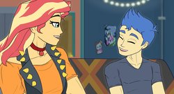 Size: 1600x870 | Tagged: safe, artist:kul, flash sentry, sunset shimmer, equestria girls, g4, female, height difference, looking at each other, male, manatsu no yo no inmu, ship:flashimmer, shipping, size difference, smiling, straight, sunset's apartment