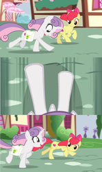 Size: 1600x2688 | Tagged: safe, edit, edited screencap, screencap, apple bloom, sweetie belle, g4, growing up is hard to do, comic, cutie mark, galloping, hooves, looking down, older, older apple bloom, older cmc, older sweetie belle, saddle bag, screencap comic, smiling, speeding, the cmc's cutie marks