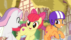 Size: 1600x900 | Tagged: safe, screencap, apple bloom, scootaloo, sweetie belle, g4, growing up is hard to do, buzzing wings, cute, cutealoo, cutie mark, cutie mark crusaders, galloping, helmet, older, older apple bloom, older cmc, older scootaloo, older sweetie belle, ponyville, saddle bag, scooter, smiling, the cmc's cutie marks, wings