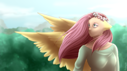 Size: 2560x1440 | Tagged: safe, artist:hicoojoo, fluttershy, human, anthro, g4, clothes, female, floral head wreath, flower, humanized, ponied up, shirt, solo, uncanny valley