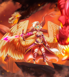 Size: 684x771 | Tagged: source needed, useless source url, safe, artist:dolorosacake, oc, oc only, dragon, pegasus, anthro, anthro oc, armpits, blurry background, female, fire, knight, large wings, mare, rage, solo, spread wings, sword, weapon, wings, ych result