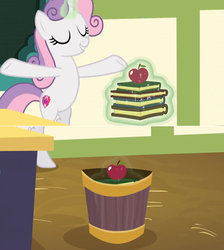 Size: 1600x1788 | Tagged: safe, edit, edited screencap, screencap, sweetie belle, pony, g4, growing up is hard to do, apple, being big is all it takes, book, chalkboard, comic, dropping, female, food, levitation, magic, older, older sweetie belle, open arms, screencap comic, solo, stack, telekinesis, trash, trash can