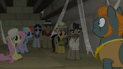 Size: 1920x1080 | Tagged: safe, screencap, biff, daring do, doctor caballeron, fluttershy, rainbow dash, rogue (g4), withers, earth pony, pegasus, pony, daring doubt, g4, female, hat, henchmen, male, mare, stallion